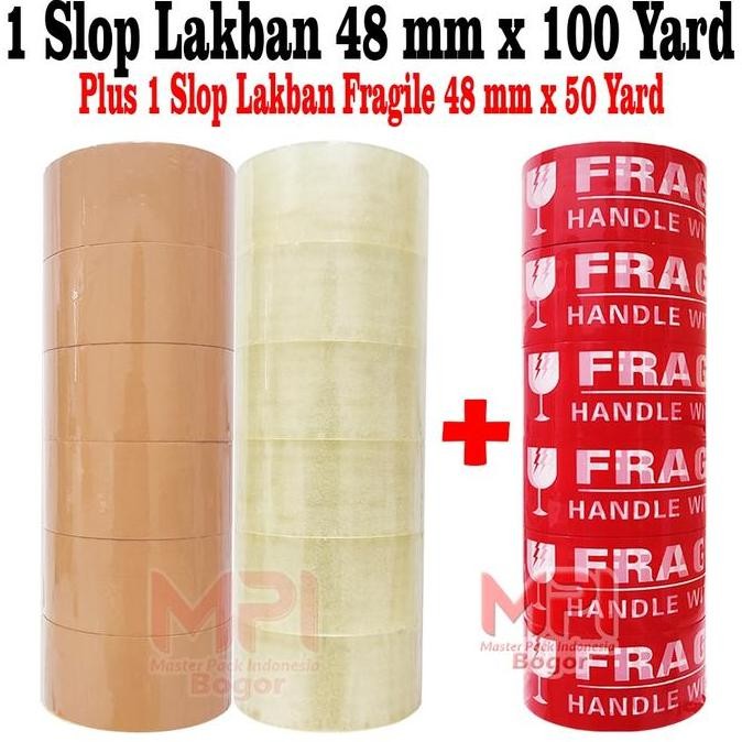 

PAKET HEMAT LAKBAN - 1 SLOP Lakban Bening - Lakban Coklat MPI 48 mm x 100 yard + 1 SLOP Lakban Fragile Merah 48 mm x 50 yard - Master Pack Indonesia Bogor