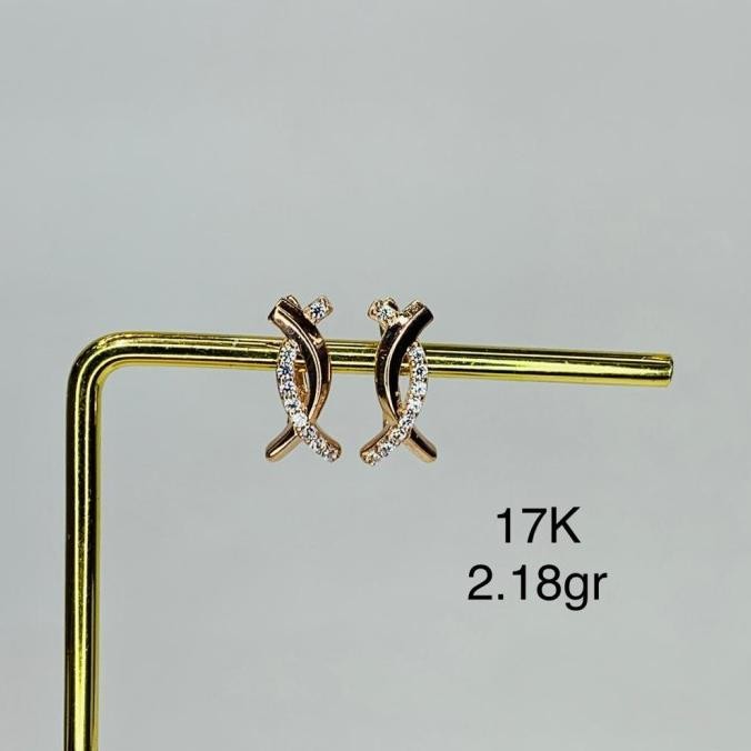 Anting Giwang Jepit Emas Asli Rose Gold Kadar 750 17K Bulan Sabit Moon