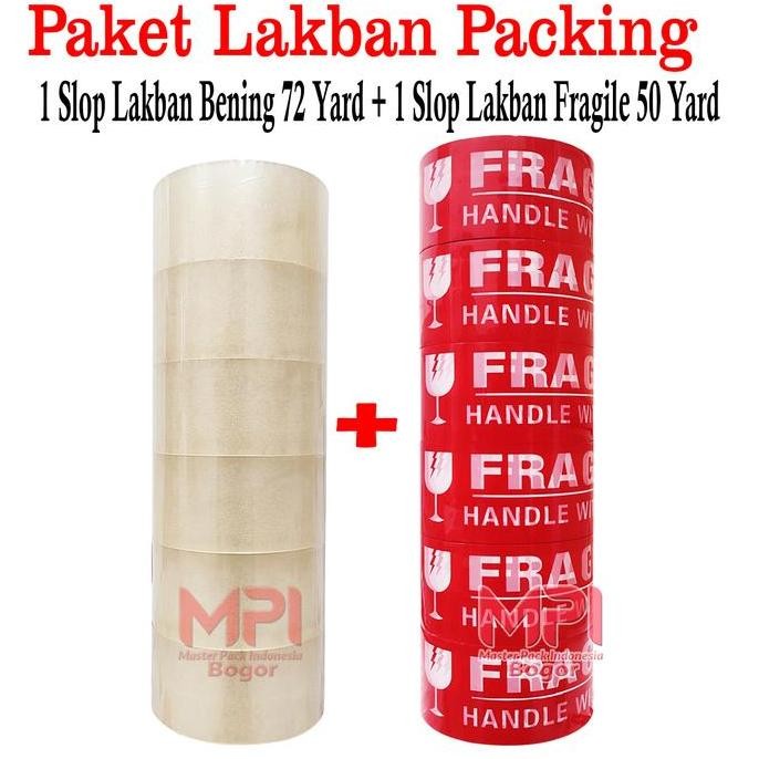 

Paket Lakban Packing - 1 Slop Lakban Bening 45 mm x 72 yard + 1 Slop Lakban Fragile Merah 48mm x 50 yard