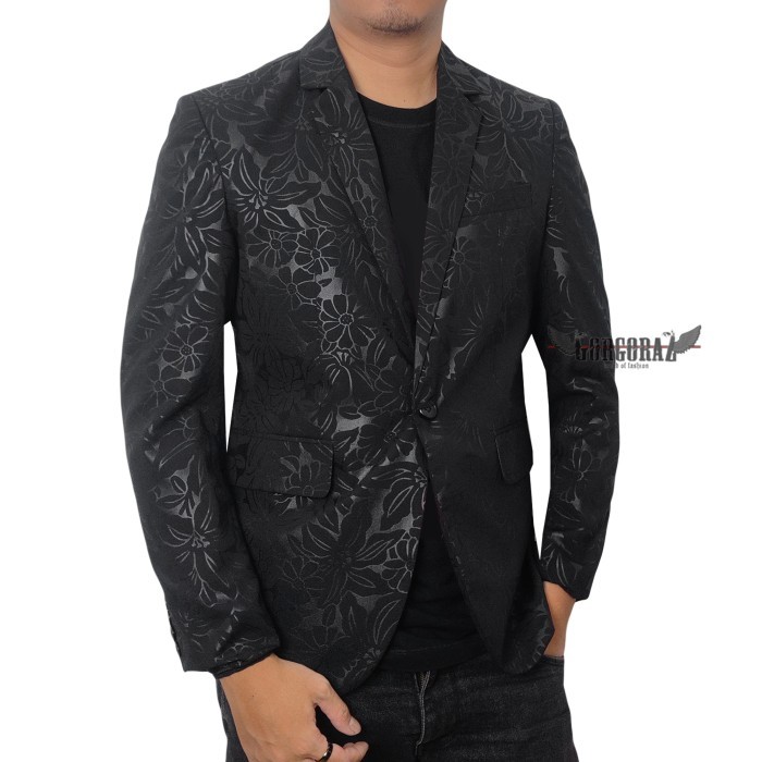 jas batik blazer batik pria hitam slimfit moderN embos bunga gorgoraz