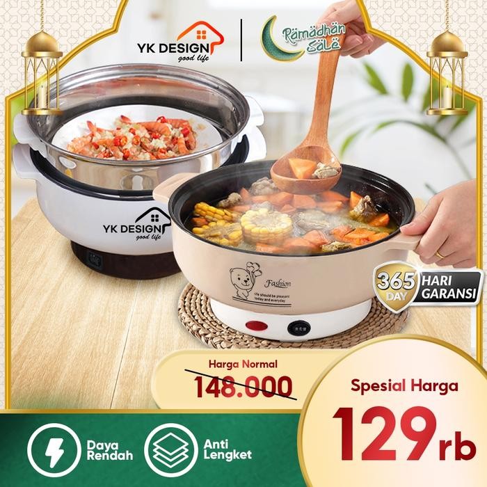 YK DESIGN Panci Elektrik Teflon Serbaguna / Panci Listrik Multifungsi Free Kukusan Stainless YK-803