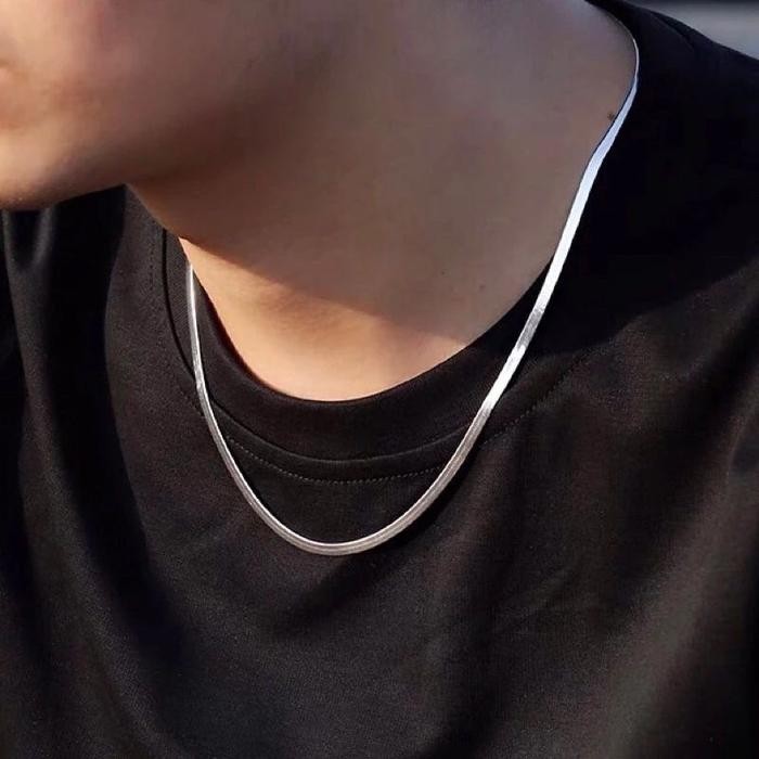 TERBAIK Kalung Pria Wanita Pipih Gold Emas Silver Titanium 316L Panjang / Kalung belut model pipih