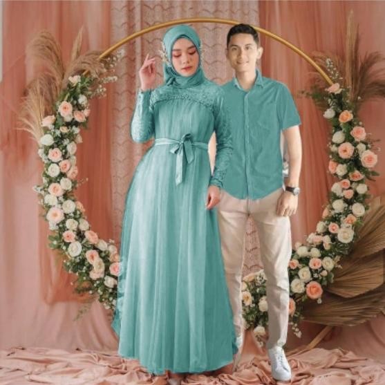 Couple Misela/ Couple Gamis Brukat Tile Dan Kemeja Moscrepe/ Couple Gamis Pesta/ Couple Kondangan