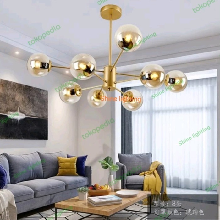 Terbatas Lampu Gantung Minimalis Modern Kaca Teh Ruang Tamu Ruang Makan Gold 8L