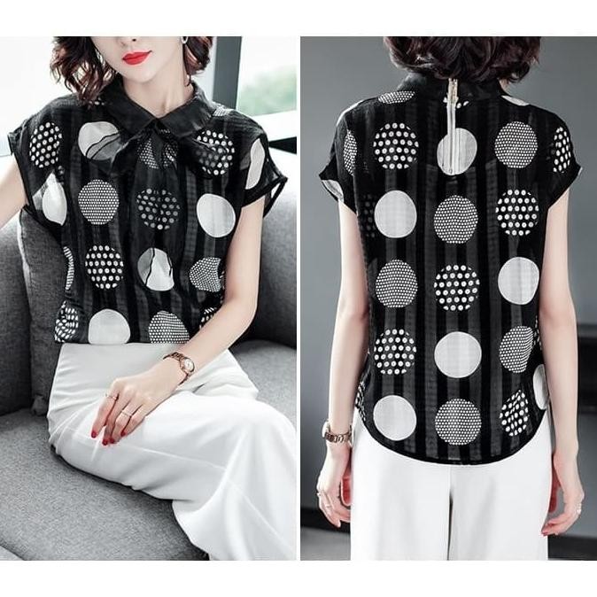 AB638616 Baju Atasan Polkadot Kemeja Wanita Blouse Korea Import Putih Terlaris