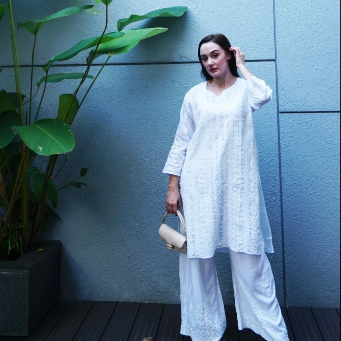 Baju Kurti Putih Pine Bordir India (Tunik/ Bluss/Muslim) Baju India