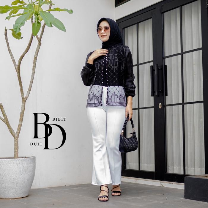 Atasan Zaina Outer Crop Brukat Organza Outer Brokat Sapto Baju Kondangan Wanita Hitam Kardigan Outer