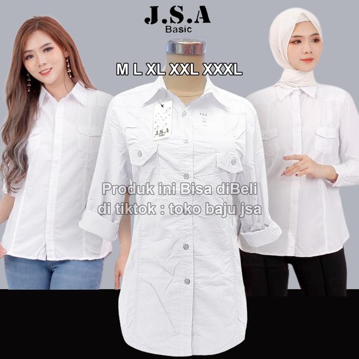 Kemeja Putih Branded Wanita Merk Jsa Cewek Terbaru 2024 Lengan Panjang Tebal Bagus Untuk Kerja