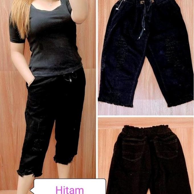 CELANA JEANS WANITA 7PER8 SOBEK RAWIS PINGGANG FULL KARET 27-38 Denim Rawis Cewek Karet Dewasa Terla