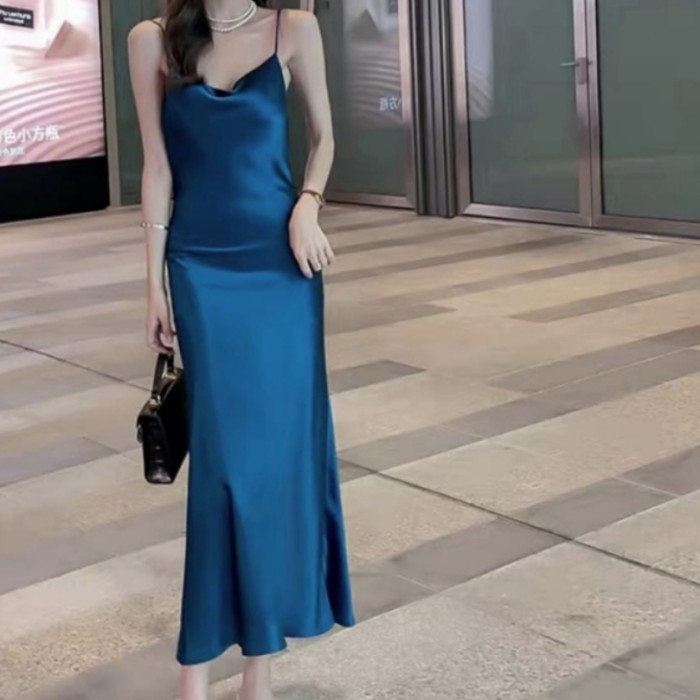 Satin Tanktop Long Dress Maxi Maxy Baju Polos Wanita Midi Pesta