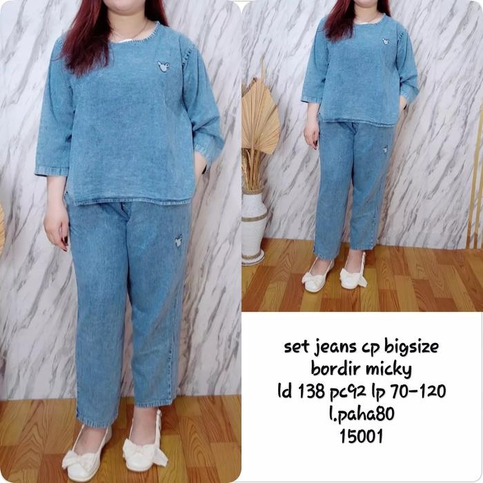 Setelan Jeans Wanita Celana Panjang / Setelan Jeans Jumbo / Jeans Motif Bordir