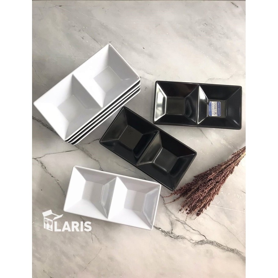 ------] Piring Sambal Hitam Putih Onyx Sekat 2 Resto Buffet Saji Saus Bumbu