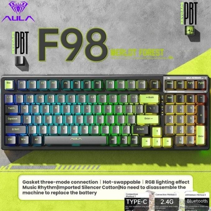 CO Keyboard Gaming AULA F98 PBT Keycaps with 3 mode connection 99 Keys BLACK GREEN
