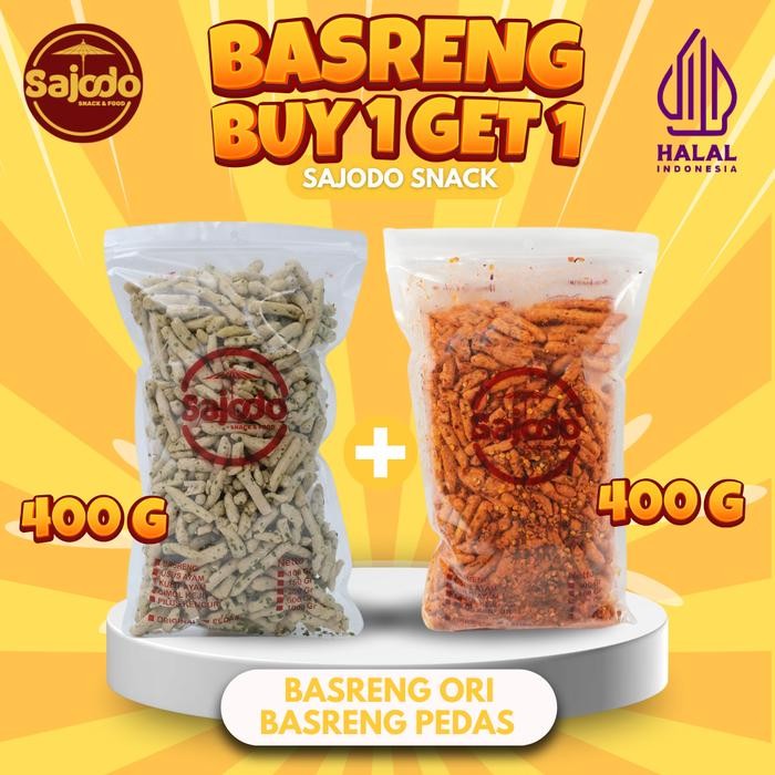 

DISKON (Buy 1 Get 1) Basreng Pedas 400 Gr Gratis Basreng Ori 400 Gr Sajodo Snack & Food