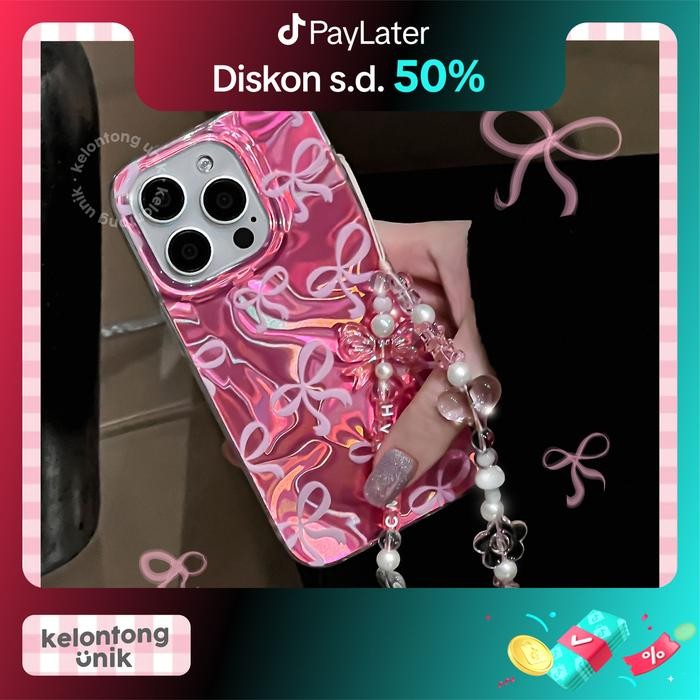 TERPERCAYA KELONTONG UNIK Pink Coquette Ribbon Holographic Case - Hardcase/ Casing HP for iPhone X
