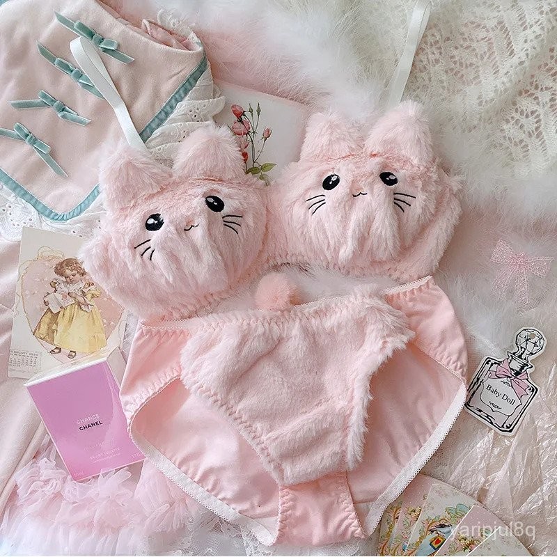 Set Bra dan Celana Dalam Kawaii Kucing Lucu Tanpa Kawat Nyaman Kartun Anime Pakaian Dalam Wanita Set