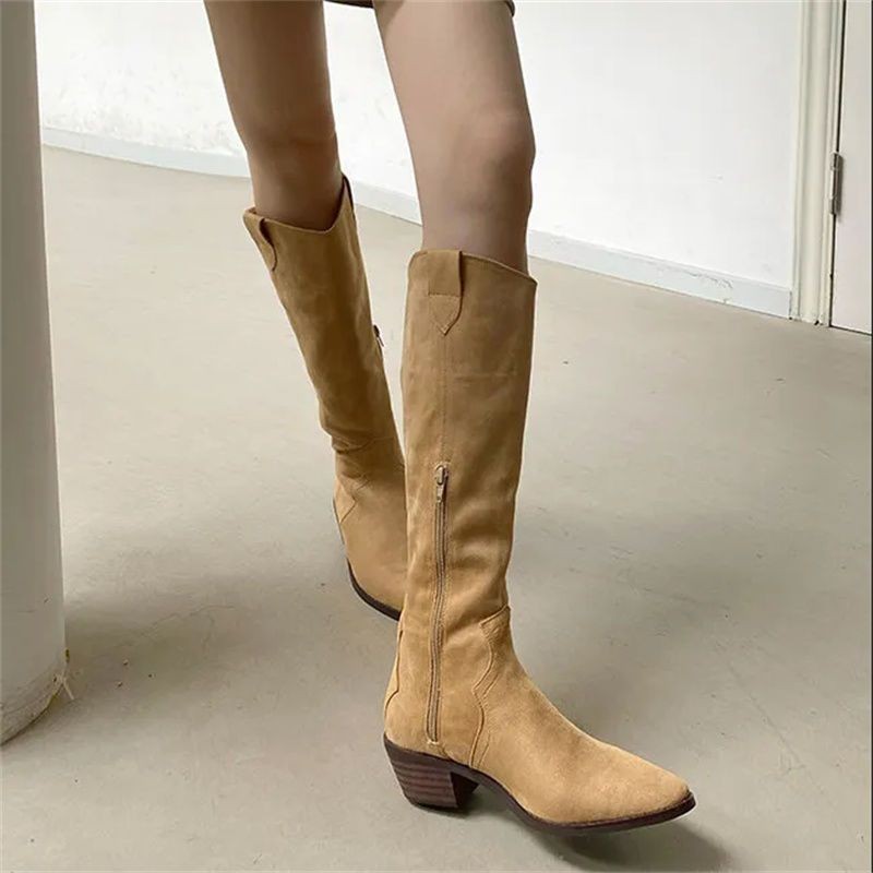 New Women's Boots Western Cowboy Boots Suede Vintage Low Heeled Rider Boots