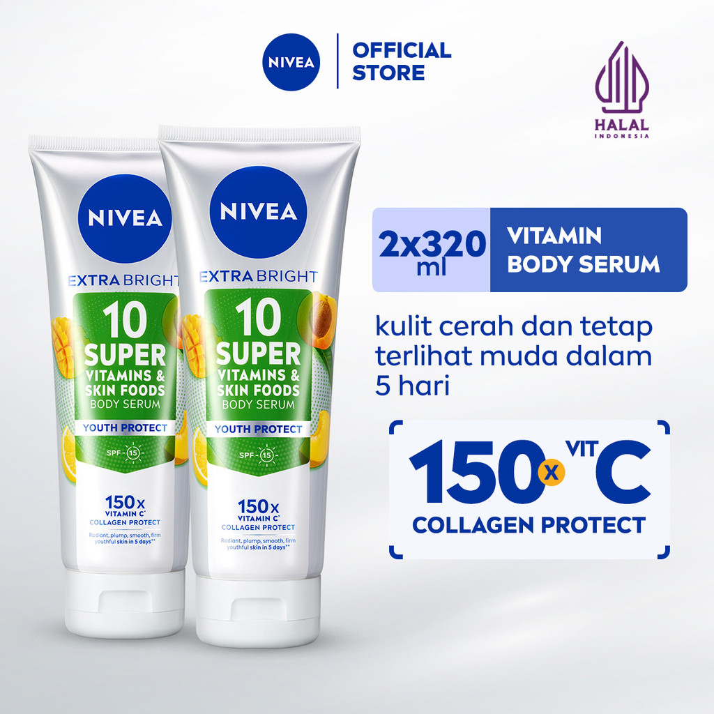 (PAKET HEMAT ISI 2) NIVEA Body Serum Extra Bright 10 Super Vitamins Youth Protect SPF15 320ml - Hand