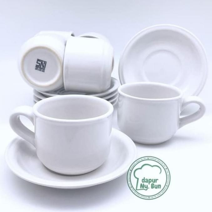 Produk Terbaik] Cangkir Set Alas Tatak Putih Warna Warni Keramik Porselen Tebal Kuat Premium Nikura 