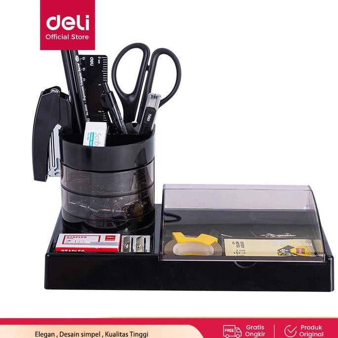 

diskon! deli set alat tulis kantor atk / stationary set paket hemat super lengkap e38254 hitam metal pen binder