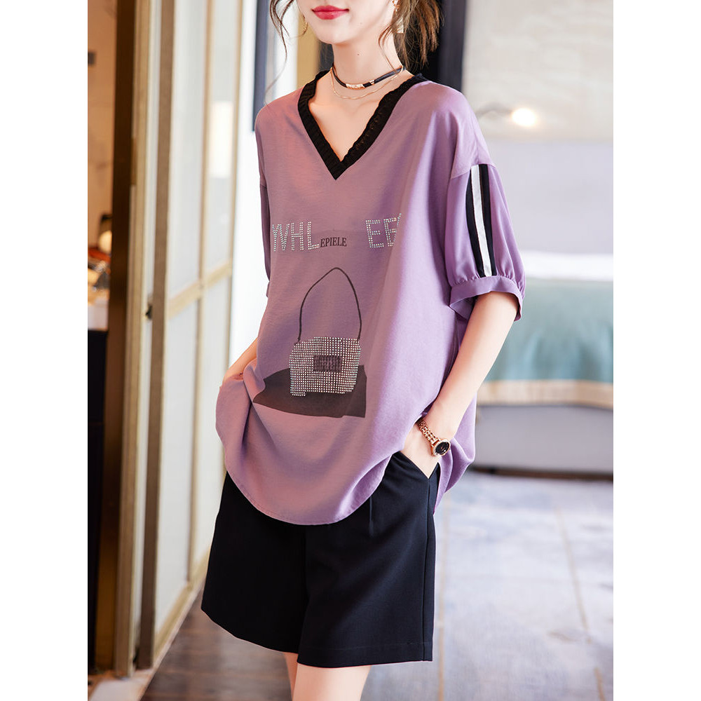 Wanita Dicetak Rhinestones Lengan Pendek T Baju Kaos V Atasan Kerah
