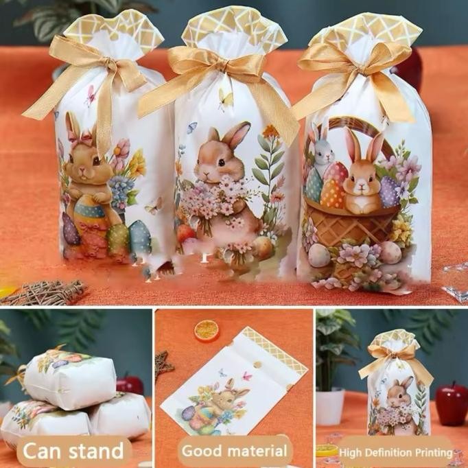 

favorit] Plastic bag happy easter bunny rabbit kantong plastik serut paskah 5pcs goodie bag snack