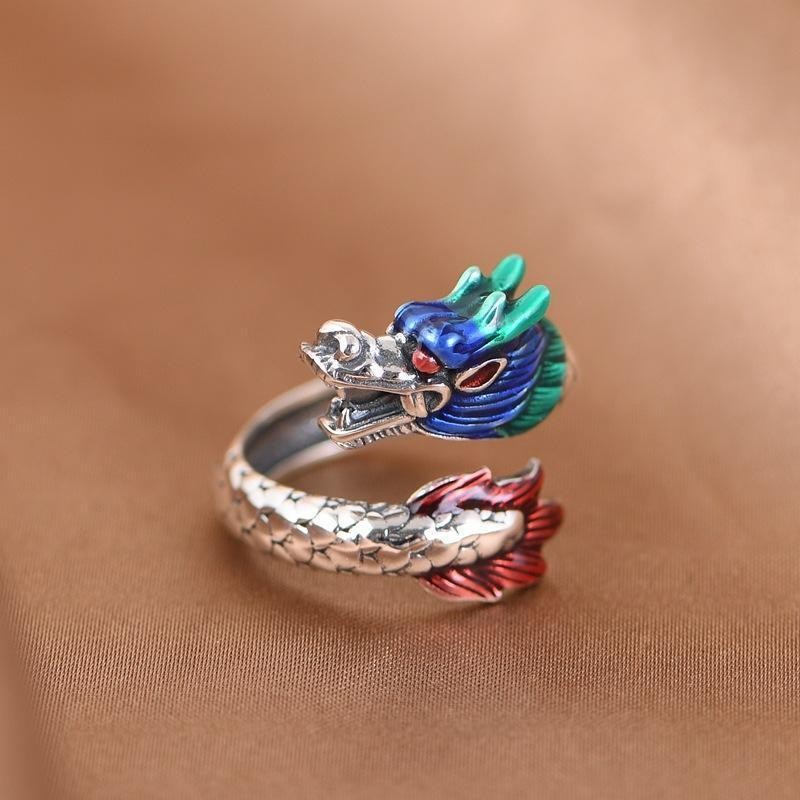 Fashion Silver Men's Ring Enamel Dragon Phoenix Ring
