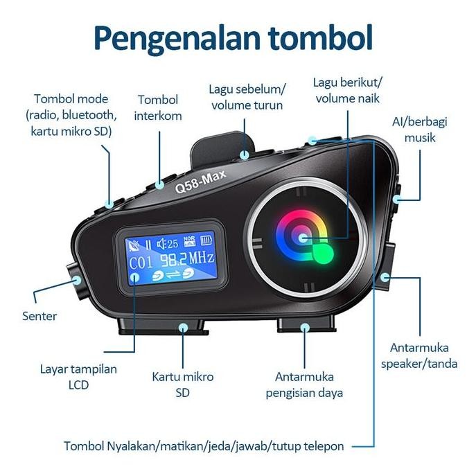 Bonkyo  Layar Lcd Helm Interkom Q58Max Chip Bluetooth Chip Bluetooth Qualcomm 5.0 Fm Radio Interkom 