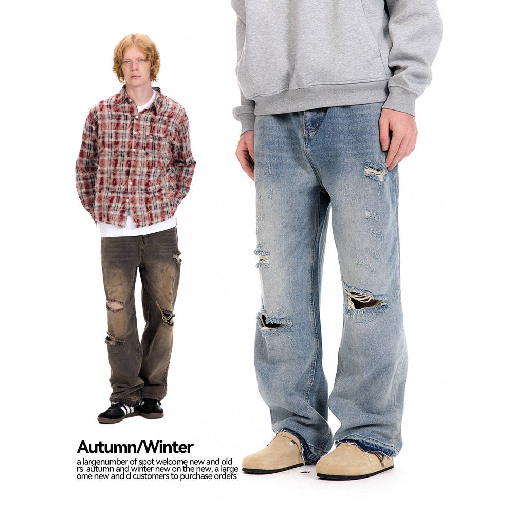 UNF cleanfit Versatile Basic Washed Cuffed Distressed Ripped Casual Straight Jeans for Men