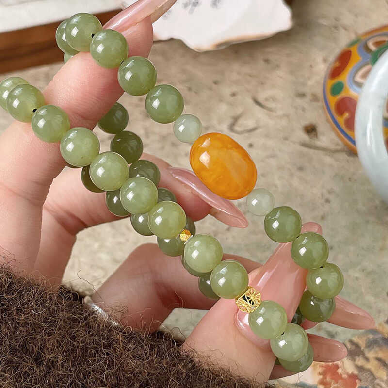 Gelang Jade Hetian Hijau Wenwan Gaya Cina Baru dengan Dasar Es