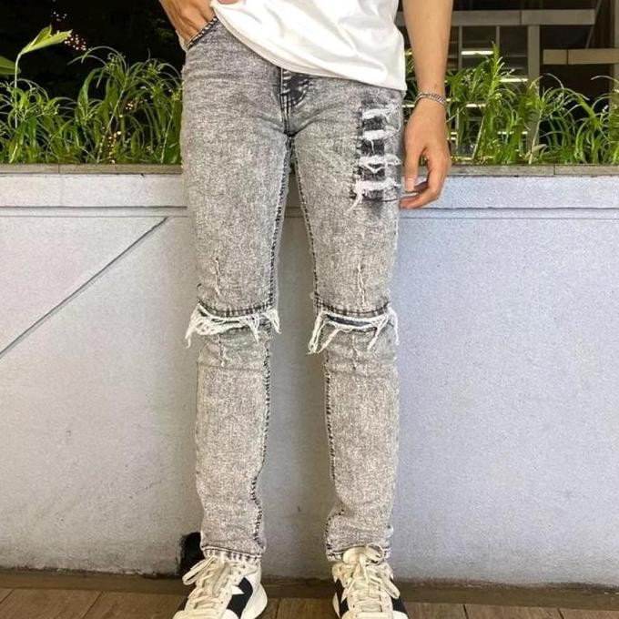 JUAL Celana Jeans Panjang Skinny Pria Abu Sandwash Sobek Destory Premium | Celana Jeans Pria Abu San