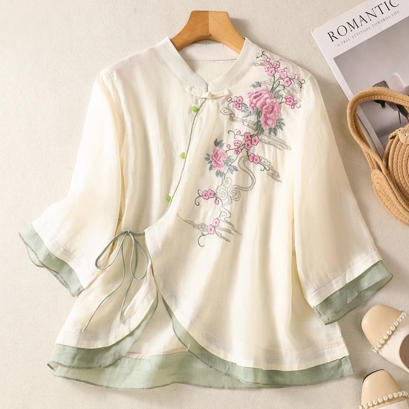 Women's New Chinese Style Cotton Linen Zen Seven-Quarter Sleeve Cotton Linen Embroidered Shirt