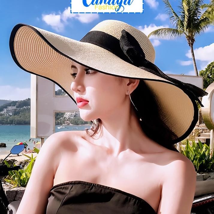 Topi Pantai Lebar Bahan Raffia Lit Hitam Topi Pantai Lebar Topi Pantai Lipat Cahaya T92