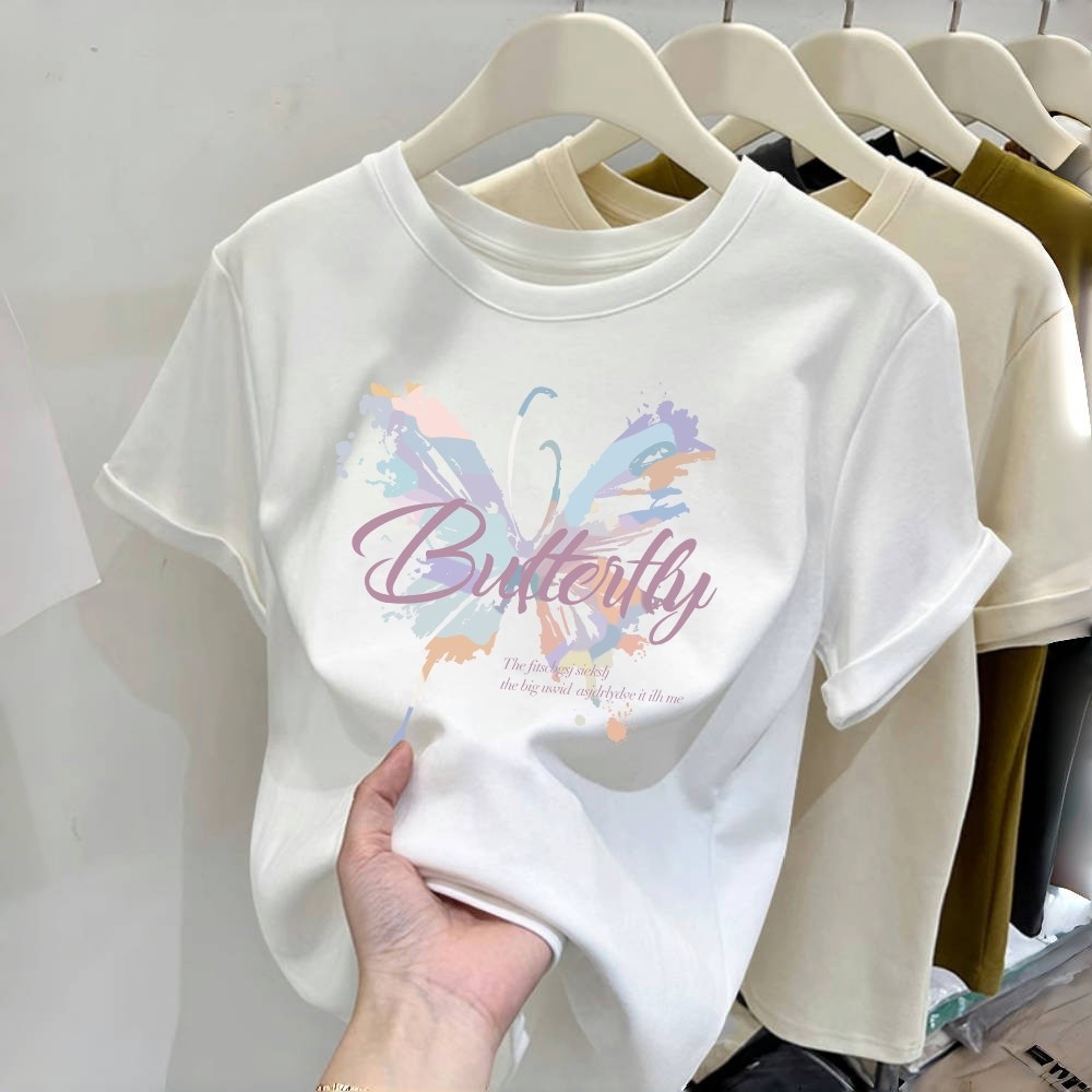 Kaos Pola Kupu-Kupu Putih/T-Shirt Kebesaran Lengan 3/4 Wanita