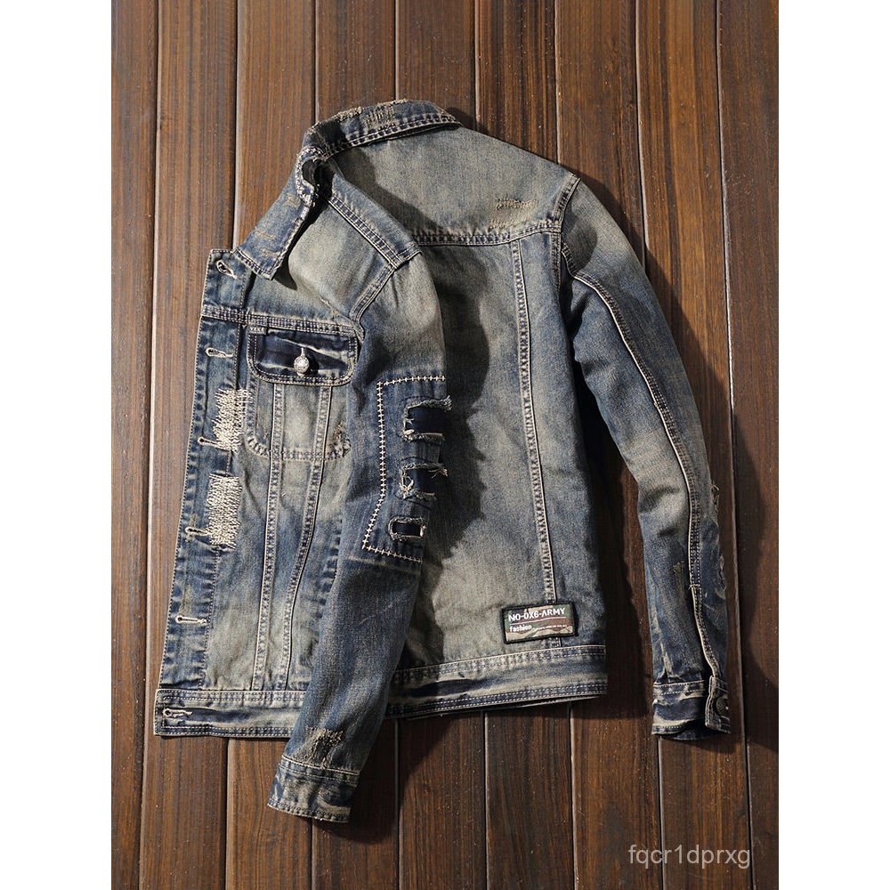 Jaket Light Luxury Ripped Denim Men's Slim-Fitting Cool Patch Embroidery FJUK