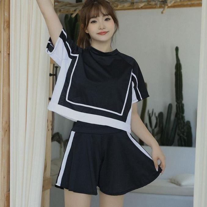 Baju Renang Import Wanita Set Kaos Celana Hitam Putih Jumbo Big Size