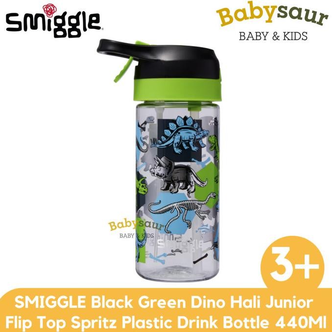 SMIGGLE 100% Original Black Green Dino Hali Junior Flip Top Spritz Plastic Drink Bottle 440Ml Botol 