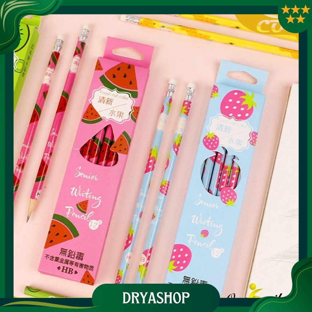 

One-A49 Pensil Kayu Set 12In1 Motif Buah Dengan Penghapus Praktis / Pensil 12Pcs Alat Tulis Sekolah Pencil Fruits With Eraser Import Ori