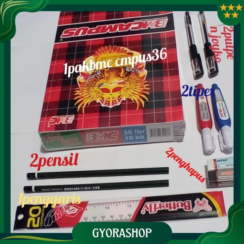 

Promo Paket Lengkap Sekolah:2Pulpen, 2Tipex,2Pensil, 2Penghapus Pensil, 1Penggaris Dan 1Pak Buku(10Pcs) Bmc Campus Gratis Ongkir