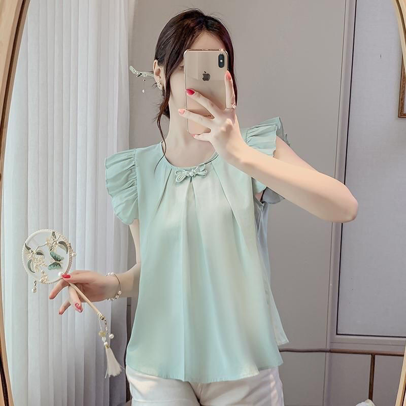 Blus Chiffon Wanita Berkualitas Tinggi Leher Bulat Lengan Kecil Bergetar Kemeja Longgar Gaya Korea