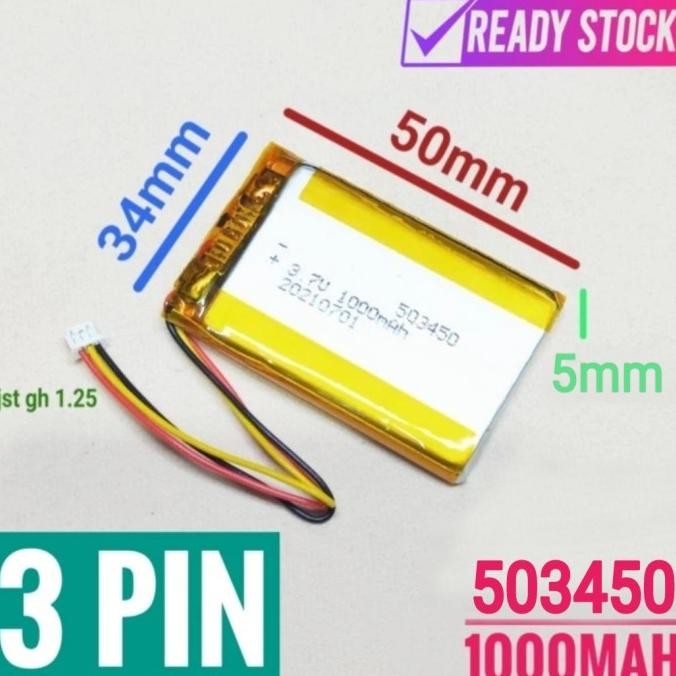 TERLARIS - 523450 Li ion 3 Kabel 3.7v 1000mAh Bluetooth Headphone Mp3 GPS