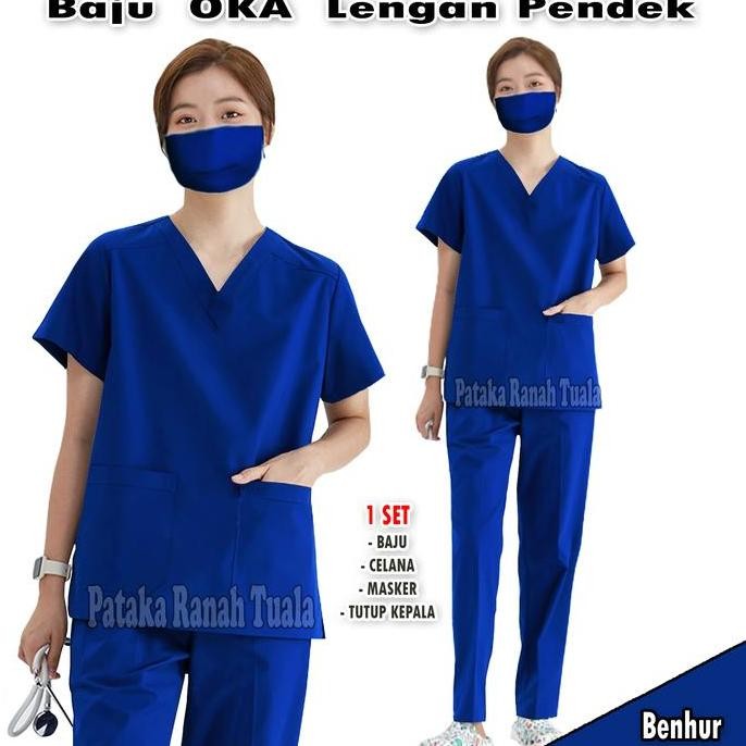 Baju Ok Lengan Pendek - Baju Scrub Oka - Baju jaga Perawat - Bahan American Drill - Model Terbaru Ce