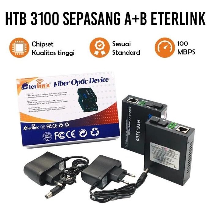 BEBAS ONGKIR - ETERLINK HTB-3100 Media Konverter Fiber Optik Single Mode A+B