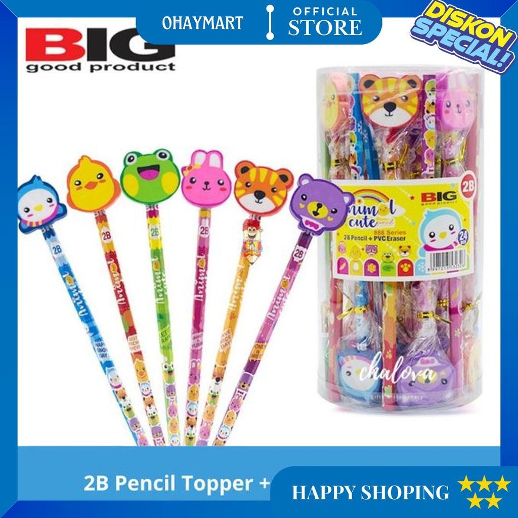 

[Pak] Pensil 2B+Stip Big / Pensil Big Karakter Lucu Dan Penghapus / Pensil Big 888 Isi 24 Pcs D Termurah