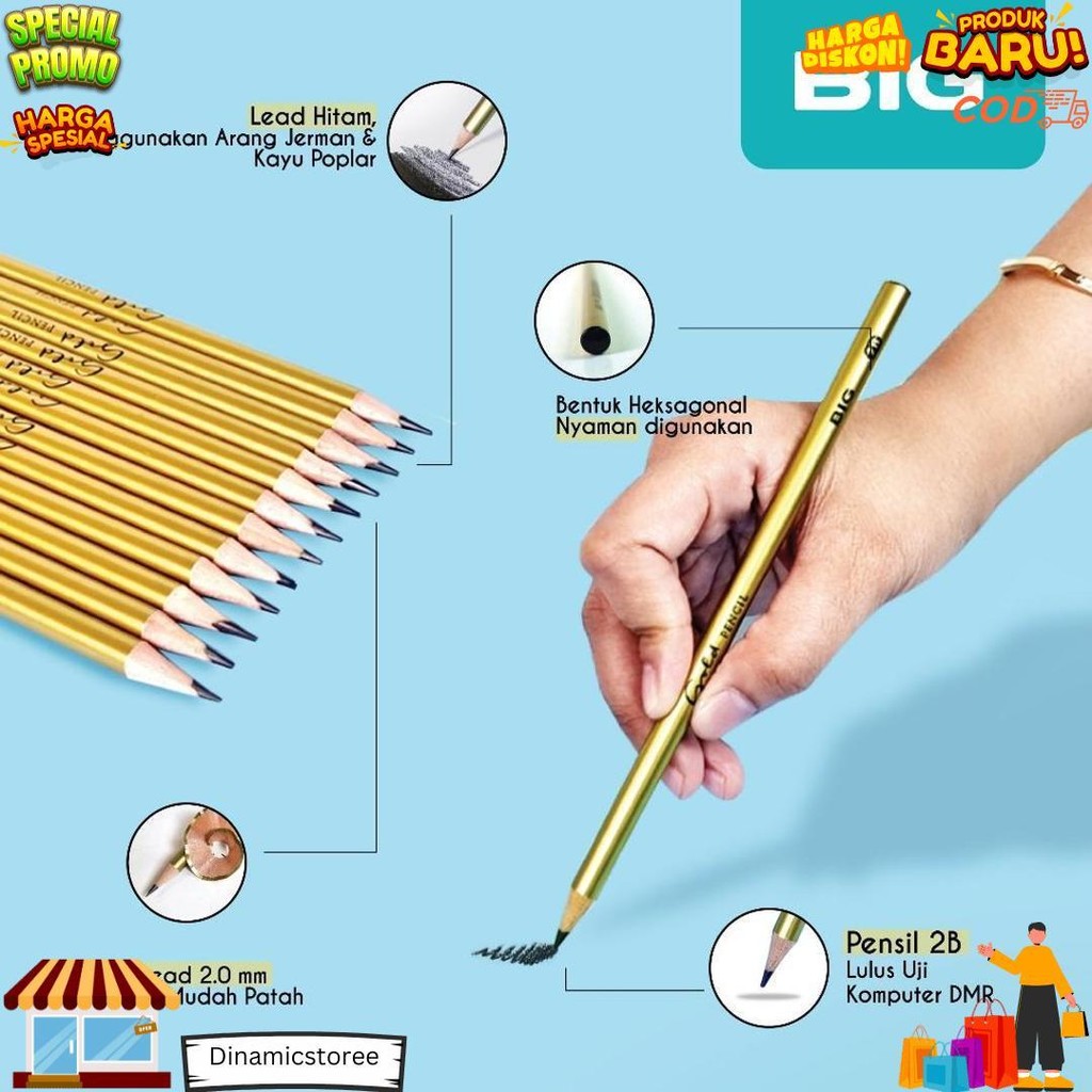 

12 Pcs Big Pensil 2B Standar Ujian Komputer Gold Lebih Elegan Graphite Pencil Extra Dark Tanpa Raut Ps-988 D Gratis Ongkir