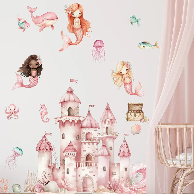 Stiker Dinding Kartun Istana Putri Duyung untuk Kamar Tidur Anak Perempuan Dekorasi Kamar Anak Wallp