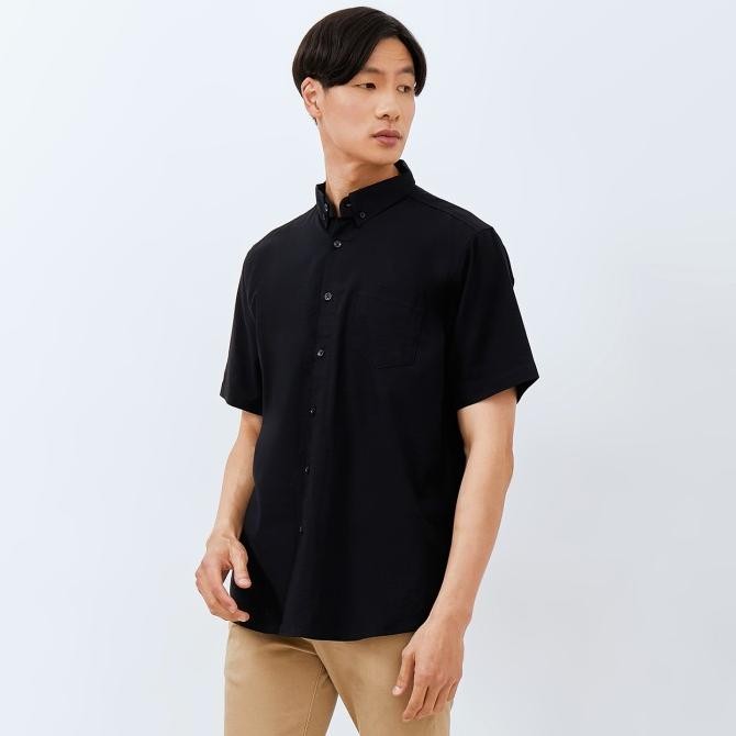 M231 Kemeja Pria Basic Polos Oxford Pendek Hitam 1457H Original Dan Terpercaya