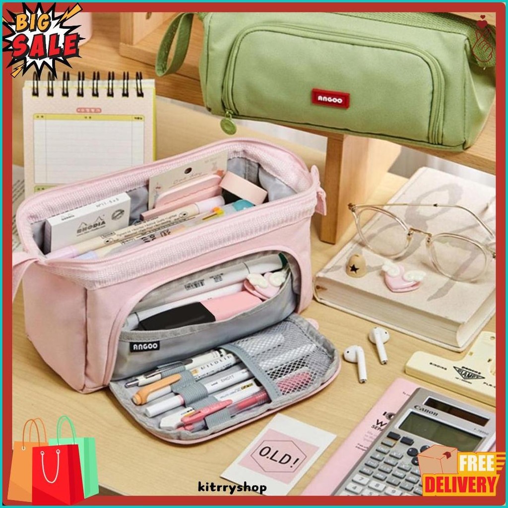 

[Cod] Angoo Super Large Capacity Pencil Case Kawaii Korean Pencil Cases Aesthetic Stationery Office Desk Storage Bag For Girls School Supplies Diskon