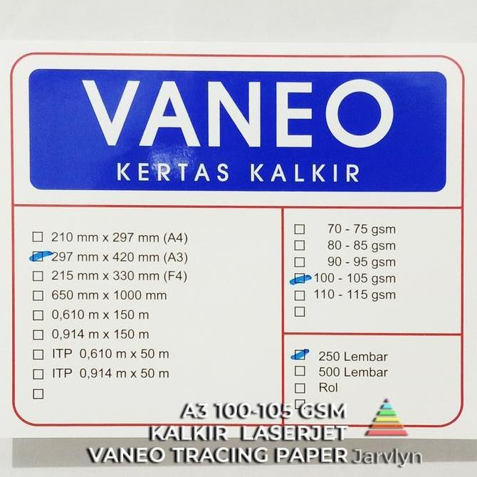 

BEBAS ONGKIR - JARVLYN - VANEO KERTAS KALKIR A3 100/105 GSM LASERJET TRACING PAPER GAMBAR ARSITEK SABLON STENCIL
