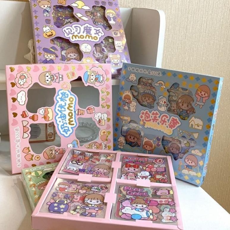 

rt-69 1 pack isi 100 Lembar Pcs Stiker Box Merk SENRIO kuromi stela lou Momo Sticker Set korea Termurah